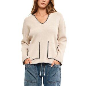 Christian Lacroix Tan Knit Sweater XS V-Neck Contrast Trim Pocket Detail Cozy